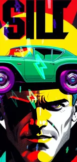 Retro pop art wallpaper with vibrant car illustration.