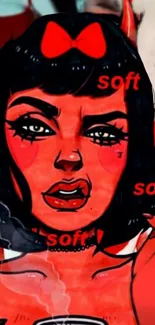 Retro pop art devil girl with red hues and expressive features.