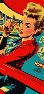 Vibrant retro pop art design with a woman in a 1950s diner setting.