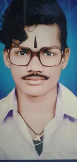 Retro portrait of young man on blue background.