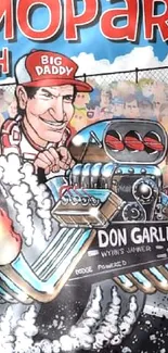 Dynamic retro racing cartoon with a vintage dragster and flame graphics.