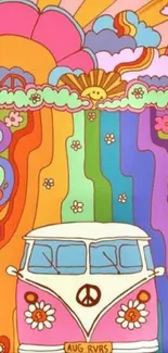 Retro van with colorful rainbow and floral design wallpaper.