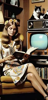 Retro woman reading in a vintage living room setting.