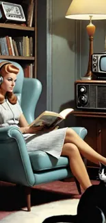 Woman reading in a retro room with cats and vintage decor.