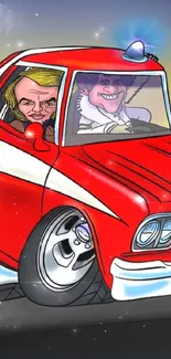 Cartoon art of a retro red car with characters from a classic TV show.