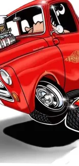 Cartoon illustration of a retro red pickup truck in motion.