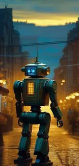 A nostalgic retro robot stands in a warmly lit evening street scene.