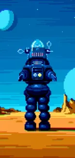 Retro pixel art of a robot in an alien landscape.