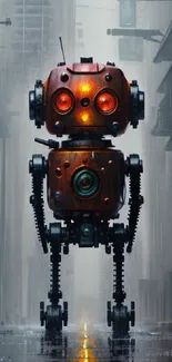 Retro robot stands in rainy urban alley, vibrant colors.