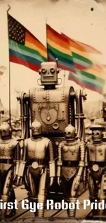 Retro robot parade with pride flags in sepia tone.