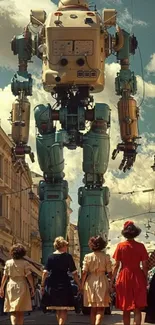 Giant robot and women in vintage dresses on a street.