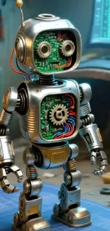 Retro robot with exposed mechanical gears on a desk.