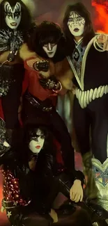 A retro-rock band in vibrant costumes and theatrical makeup.