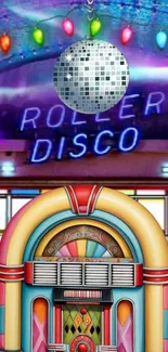 Retro roller disco scene with jukebox and disco ball.