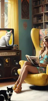 Retro room with woman and cats in a cozy, colorful setting.