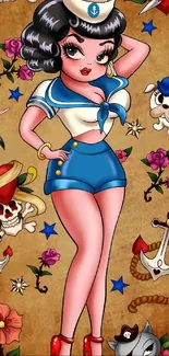 Retro sailor girl wallpaper with tattoo design elements.