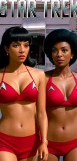 Star Trek vintage style wallpaper with red bikinis in a sci-fi setting.