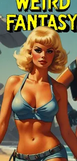 Vintage sci-fi wallpaper with woman and robot in beach setting.