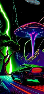 Neon landscape with car and UFO in vibrant colors.