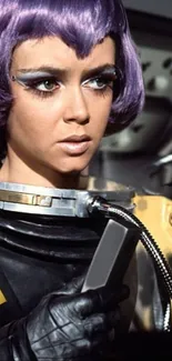 Purple-haired character in space suit with retro sci-fi design.