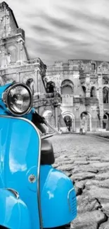 Vibrant blue scooter in front of Rome's Colosseum.