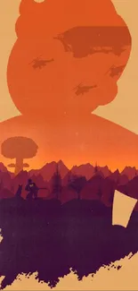 Retro silhouette wallpaper with orange sunset and silhouette elements.