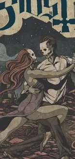 Retro skeleton dance art with gothic elements.