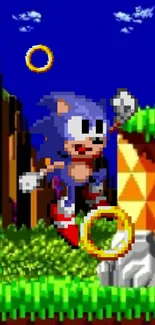 Retro Sonic character in pixel art with a blue background and golden rings.