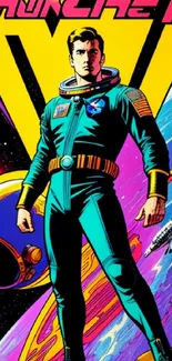 Bold retro astronaut in vibrant space scene.