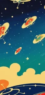 Retro space adventure wallpaper with vibrant spaceships and stars.