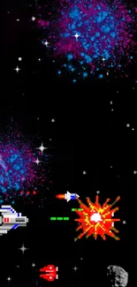 Pixel art space wallpaper with spaceships and cosmic explosions.