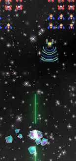 Retro arcade space-themed wallpaper with pixelated aliens and spaceships.