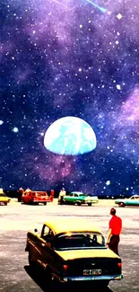 Retro cars under a starry galaxy with a celestial view.