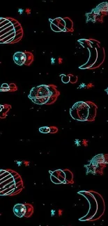 Retro space-themed neon wallpaper with planets and stars.