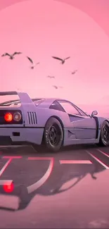 Retro sports car under a pink sunset with birds.