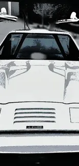 Black and white silhouette of a retro sports car front view.