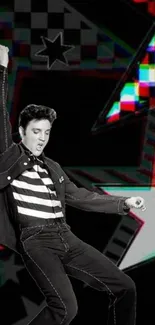 Black-and-white dancer with colorful star background, retro style.