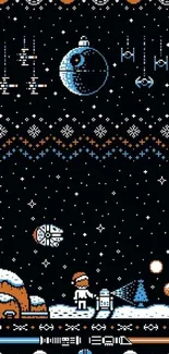 Retro Star Wars holiday-themed wallpaper with space and winter elements.