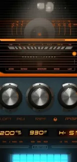 Retro stereo control panel with vibrant dials and digital display.