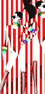 Retro fashion art wallpaper with red stripes and stylish figures.