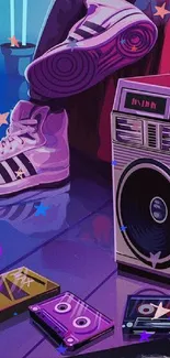 A retro-themed wallpaper with sneakers, a boombox, and colorful neon elements.