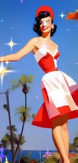 Retro pin-up girl in red dress with palm trees and blue sky background.