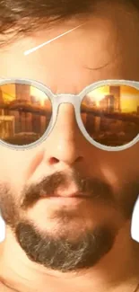 Reflection of a cityscape in retro sunglasses on a bearded man.