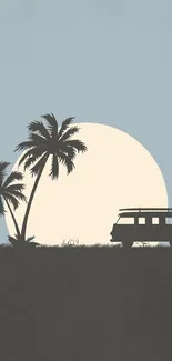 Retro sunset beach with palm trees and van silhouette.