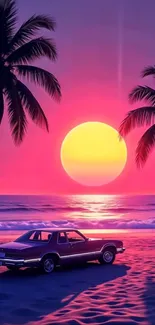 Retro car with palm trees and vibrant sunset on a beach.