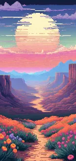 Pixelated sunset canyon with vibrant colors and scenic view.