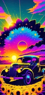 Vintage car at psychedelic sunset with sunflowers.