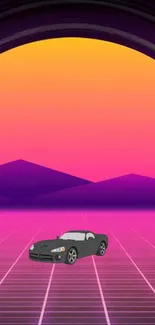 Retro futuristic car with neon sunset background