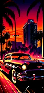 Retro sunset drive with classic car, palm trees, and vibrant cityscape.