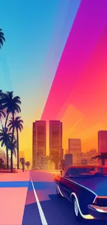 Retro art depicting a neon cityscape with a vintage car and palm trees at sunset.